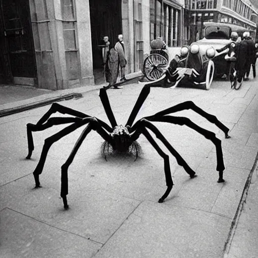 Prompt: giant spiders wearing suits on the streets of london, 1930s photograph