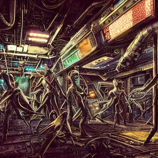 Prompt: highly detailed crowded future apartment complex, punk, grunge, jim henson creature shop, robots humans and extraterrestrials, inside a crowded space station, 1 9 8 0 s science fiction, 1 9 7 0 s science fiction, alien 1 9 7 9, cyberpunk, 3 d oil painting, depth perception, 4 k, artstation