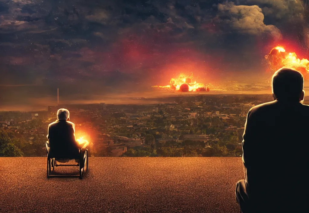 Image similar to cinematic movie close up shot from behind, background blur bokeh, old man sitting with black cat watching nuke explosion close up shot from behind, world ending nuke, 4 k