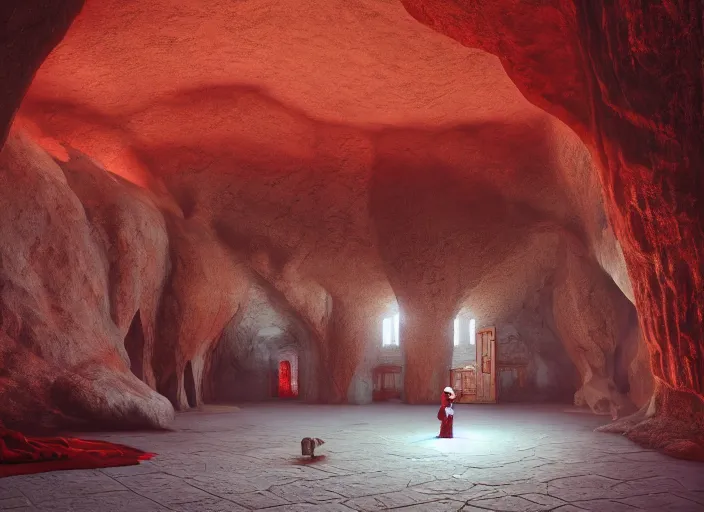 Image similar to a mosque inside a cave, red iranian mat, holy by caspar david friedrich by james gilleard and justin gerard, artstation, smooth, sharp focus, by jean baptiste, octane render