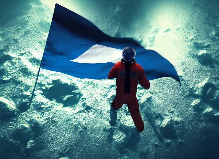 Prompt: astronaut underwater putting a flag on the bottom of the ocean. in the background, a submarine is visible. dark, cinematic, dramatic, digital art, blender, photorealistic, octane render, 8 k, volumetric lighting, trending on artstation