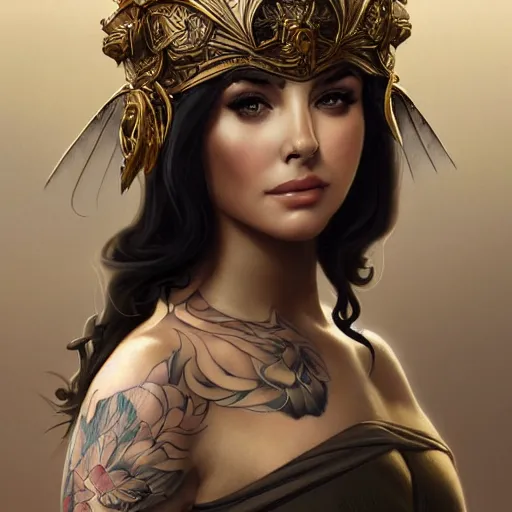 Image similar to an attractive young tattooed north female with piercings wearing an raven feathered helmet, elizabeth taylor, olive skin, long dark hair, beautiful bone structure, intricate, elegant, highly detailed, digital painting, artstation, concept art, smooth, sharp focus, illustration, art by artgerm and greg rutkowski and alphonse mucha