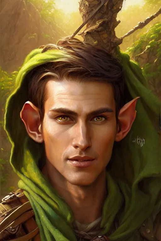 Prompt: beautiful oil painting with high detail of a young attractive male wood-elf ranger with yellowish skin, and dark green and brown hair from dungeons and dragons in the desert by artgerm and greg rutkowski and thomas kinkade