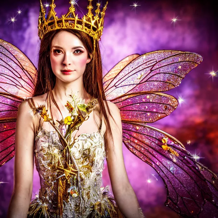 Image similar to photo of a very beautiful!! fairy queen with ornate sparkling robes, highly detailed, 4 k, hdr, smooth, sharp focus, high resolution, award - winning photo