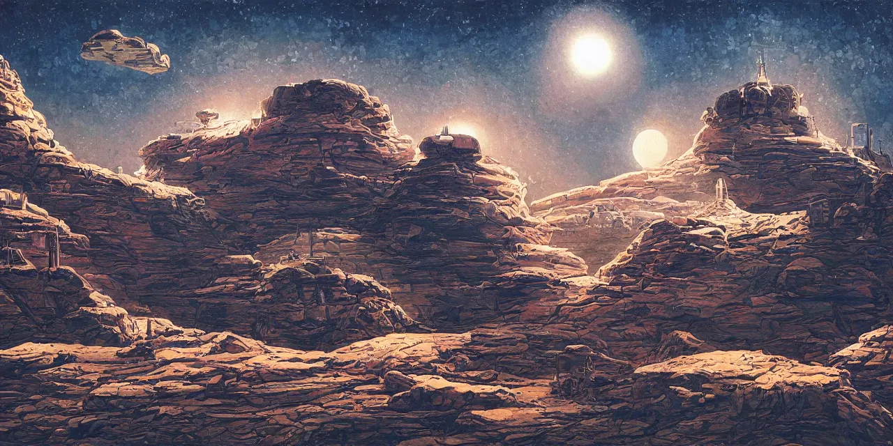 Image similar to artwork in the style of finnian macmanus and in the style of chesley bonestell.