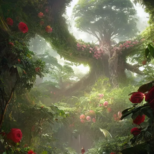 Image similar to inside the jungle of giant tree - sized roses by greg rutkowski