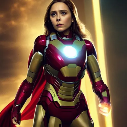 Image similar to Photorealistic art of Elizabeth Olsen as Ironman, full body, action shot, high definition, cinematic, realistic