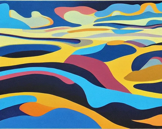 Image similar to A wild, insane, modernist landscape painting. Wild energy patterns rippling in all directions. Curves, organic, zig-zags. Saturated color. Mountains. Clouds. Rushing water. Wayne Thiebaud. Lisa Yuskavage landscape.