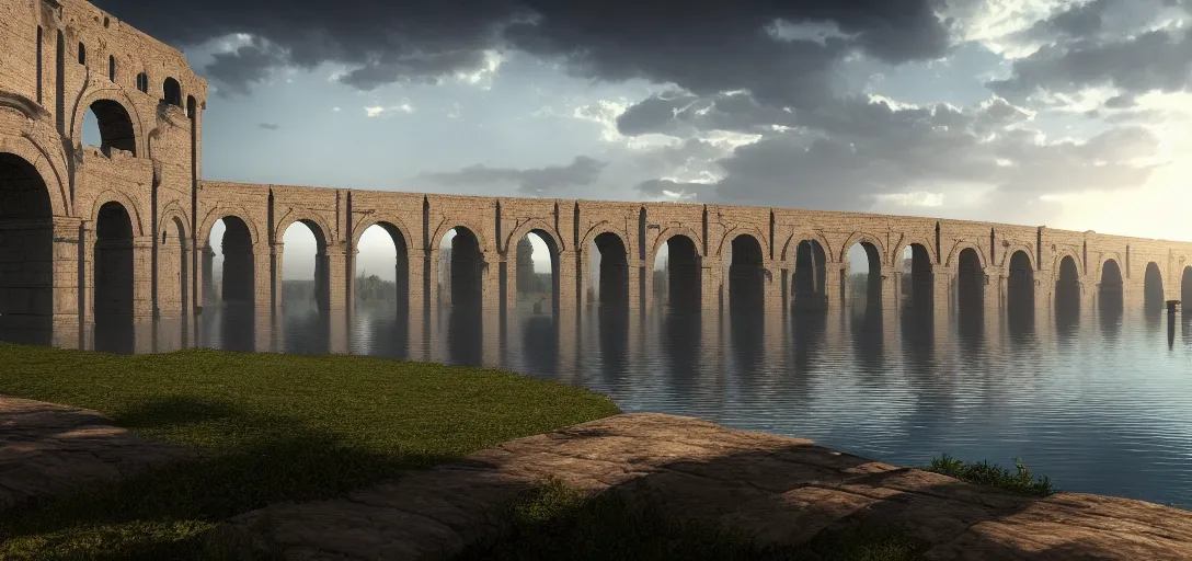 Image similar to epic view of giant roman aqueduct over beautiful lake, unreal engine, dramatic lighting, detailed, ambient occlusion, global illumination, god rays, 3 d artstation render by greg rutowski and jessica rossier