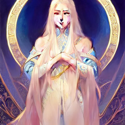 Image similar to elegant Chinese princess, D&D, blue eyes, blonde hair, fantasy, intricate, elegant, highly detailed, digital painting, artstation, concept art, smooth, sharp focus, illustration, art by artgerm and greg rutkowski and alphonse mucha