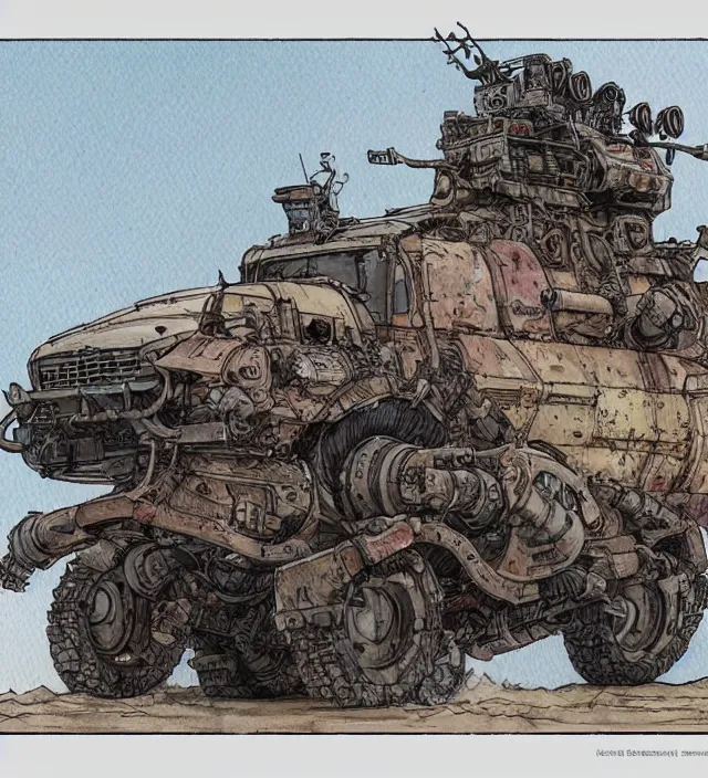 Prompt: a 3 / 4 view watercolor ink painting of a post - apocalyptic mad max / fallout style tank in the style of jean giraud in the style of moebius trending on artstation deviantart pinterest detailed realistic hd 8 k high resolution