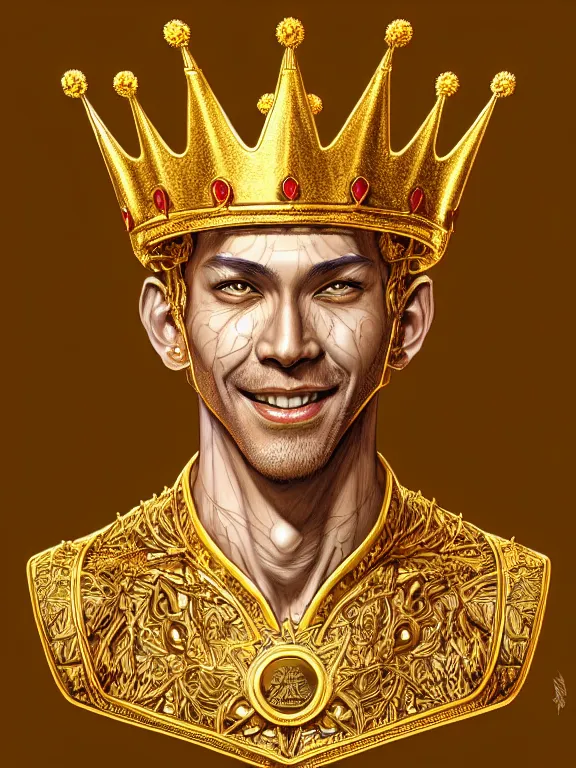 Image similar to digital art, centered full body of an smiling king, golden crown, ,intricate, veins, by James Jean and by artgerm , ultradetailed, charachter design, concept art, trending on artstation,