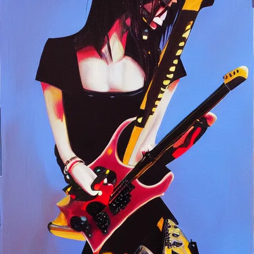 Image similar to Goth girl playing electric guitar by Mario Testino, oil painting by Guillermo Lorca