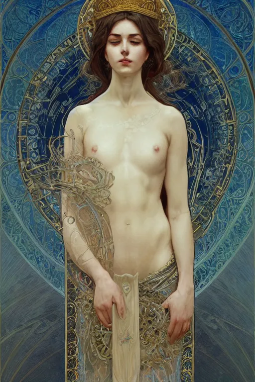 Image similar to a full body portrait of a beautiful ethereal delicate byzantine mage queen meditative sacral pose catholic stages of the cross, intricate, elegant, highly detailed, digital painting, artstation, concept art, smooth, sharp focus, illustration, art by krenz cushart and artem demura and alphonse mucha