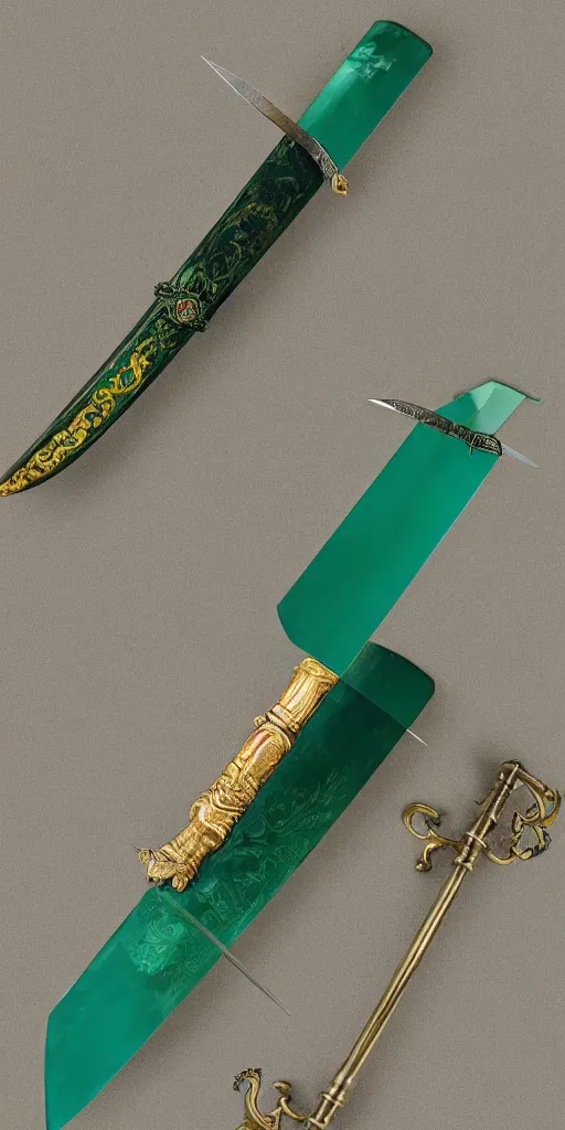 Image similar to photograph of a wide green and teal crystal double - edged sword blade attached to a big gold sword hilt