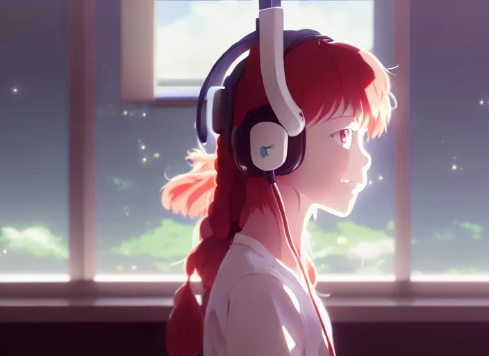 Prompt: a film still portrait of a white long hair red eyed young cute girl wearing a headset in a room interior, closeup, perfect art, gapmoe, trending on pixiv fanbox, painted by makoto shinkai takashi takeuchi studio gibli yoh yoshinari, kuvshinov ilya, 4 k