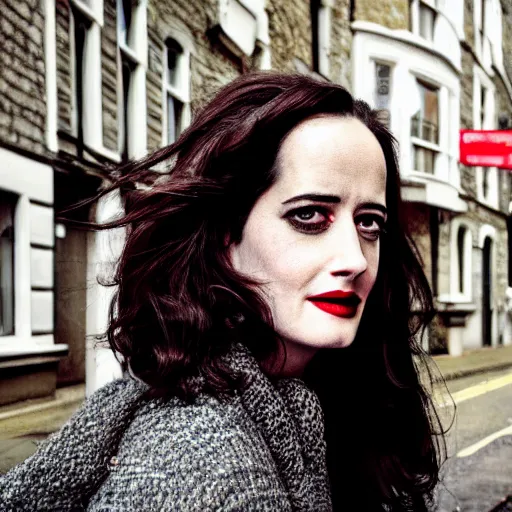 Prompt: closeup portrait of eva green in a winter london street, photograph, natural light, sharp, detailed face, magazine, press, photo, Steve McCurry, David Lazar, Canon, Nikon, focus