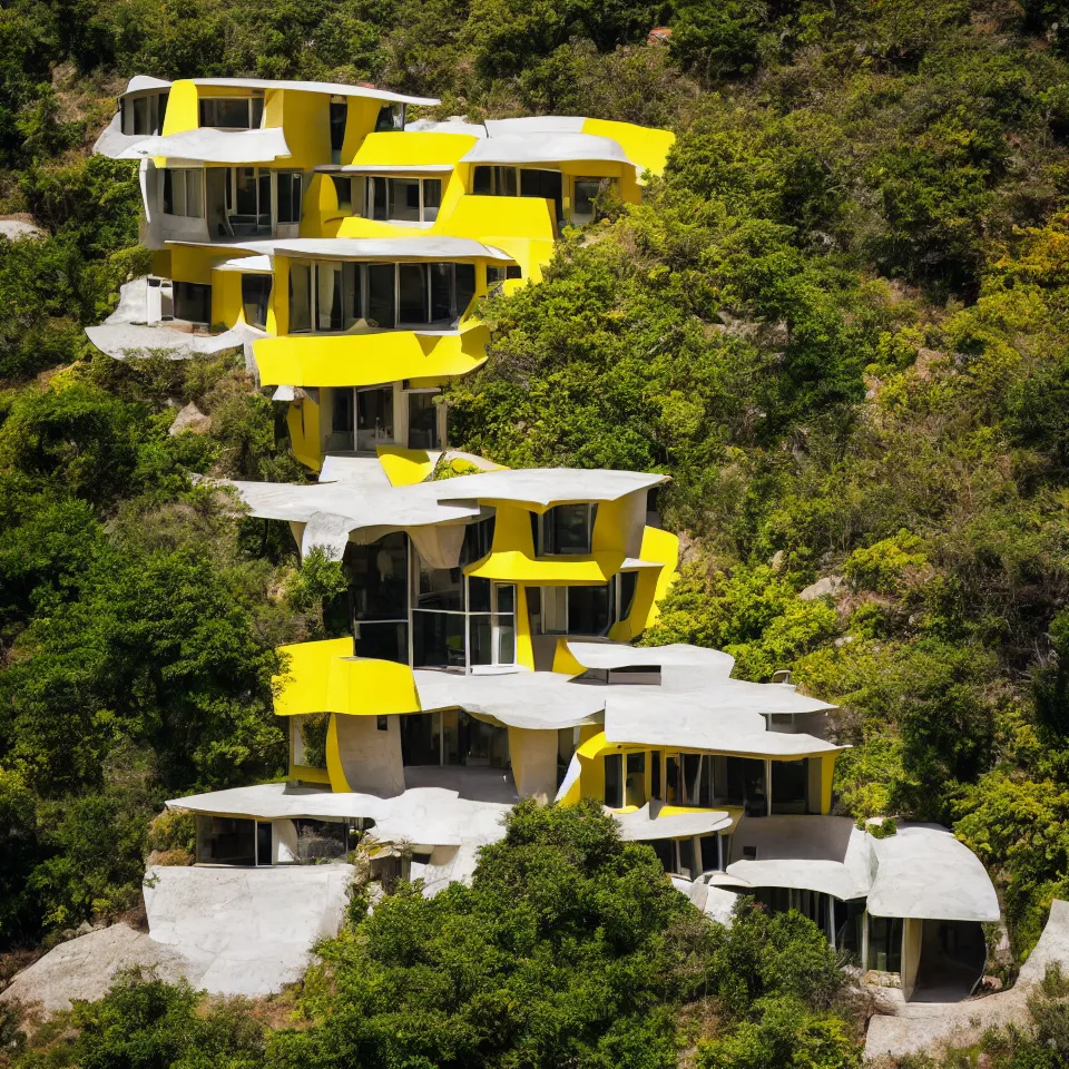 Image similar to a mid-century modern house on a cliff, designed by Frank Gehry. Big tiles. Small wooden pathway . Film grain, cinematic, yellow hue