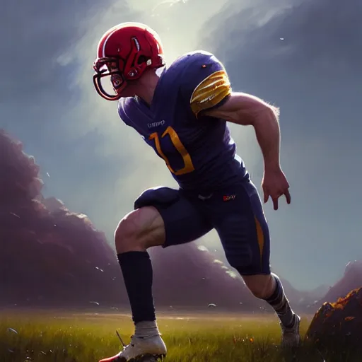 Image similar to highly detailed portrait of cooper kupp eating a football, unreal engine, fantasy art by greg rutkowski, loish, rhads, ferdinand knab, makoto shinkai and lois van baarle, ilya kuvshinov, rossdraws, tom bagshaw, global illumination, radiant light, detailed and intricate environment