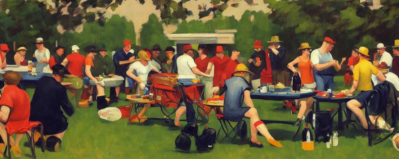 Image similar to an awesome painting of a group of football fans drinking beer and barbequing at a tailgate party, a picture in the style of Edward Hopper