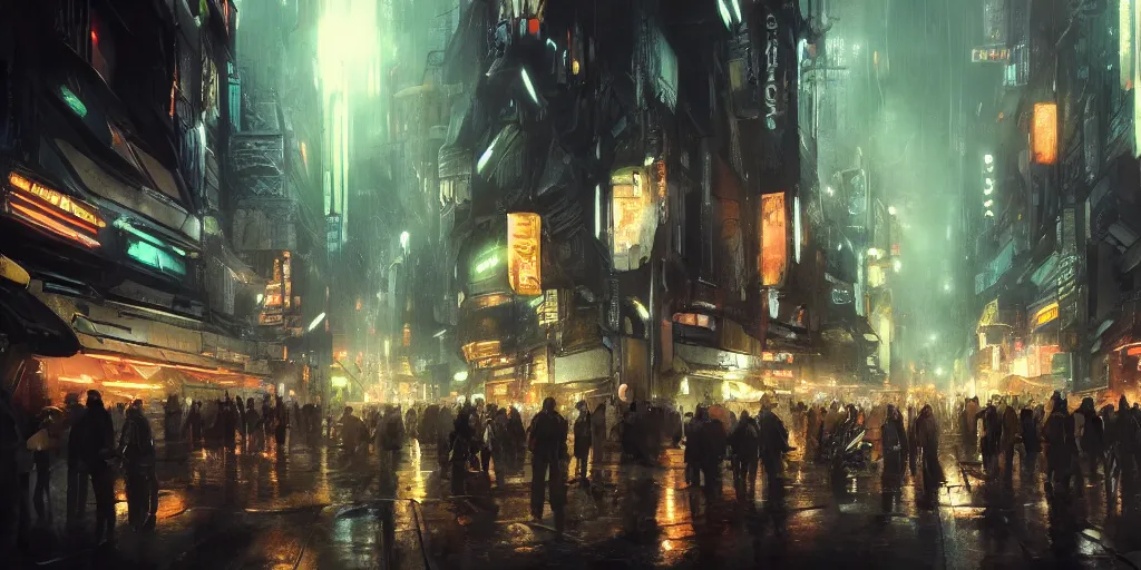 Image similar to busy underground sci - fi flea market, artstation contest winner. blade runner, dark and moody