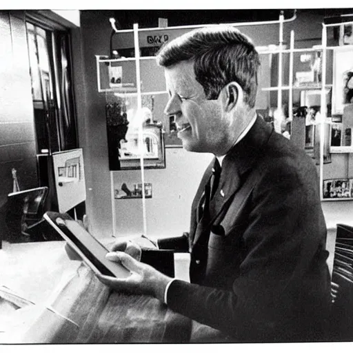 Prompt: 1 9 7 0 s vintage photograph of kennedy using an ipad, very detailed, very intricate,