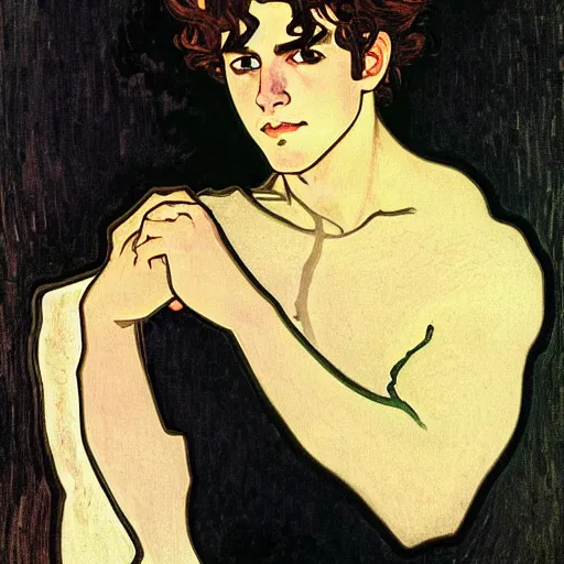 Image similar to painting of young cute handsome beautiful dark medium wavy hair man in his 2 0 s named shadow taehyung in costume at the halloween pumpkin party, straight nose, depressed, melancholy, elegant, clear, painting, stylized, delicate, soft facial features, delicate facial features, soft art, art by alphonse mucha, vincent van gogh, egon schiele