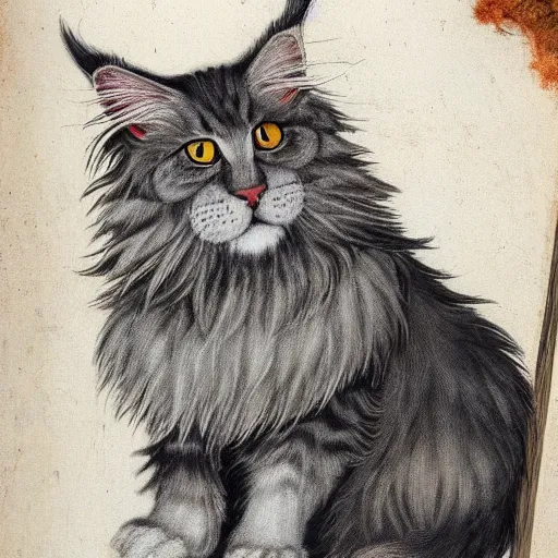 Prompt: Medieval painting of a fluffy Maine coon. High resolution. Highly detailed. Art station. 8k