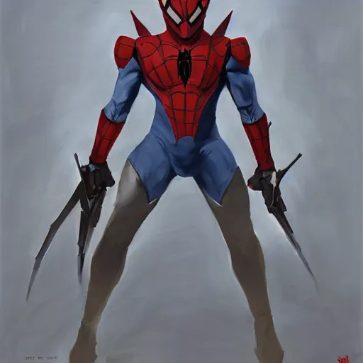 Image similar to greg manchess portrait painting of armored spiderman ultraman grey fox from metal gear cyborg gay japanese - american hybrid as overwatch character, medium shot, asymmetrical, profile picture, organic painting, sunny day, matte painting, bold shapes, hard edges, street art, trending on artstation, by huang guangjian and ail elvgren and sachin teng