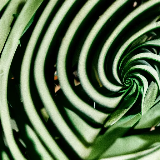 Prompt: geometric spiral made of tropical green leaves, macro photo f 1. 2