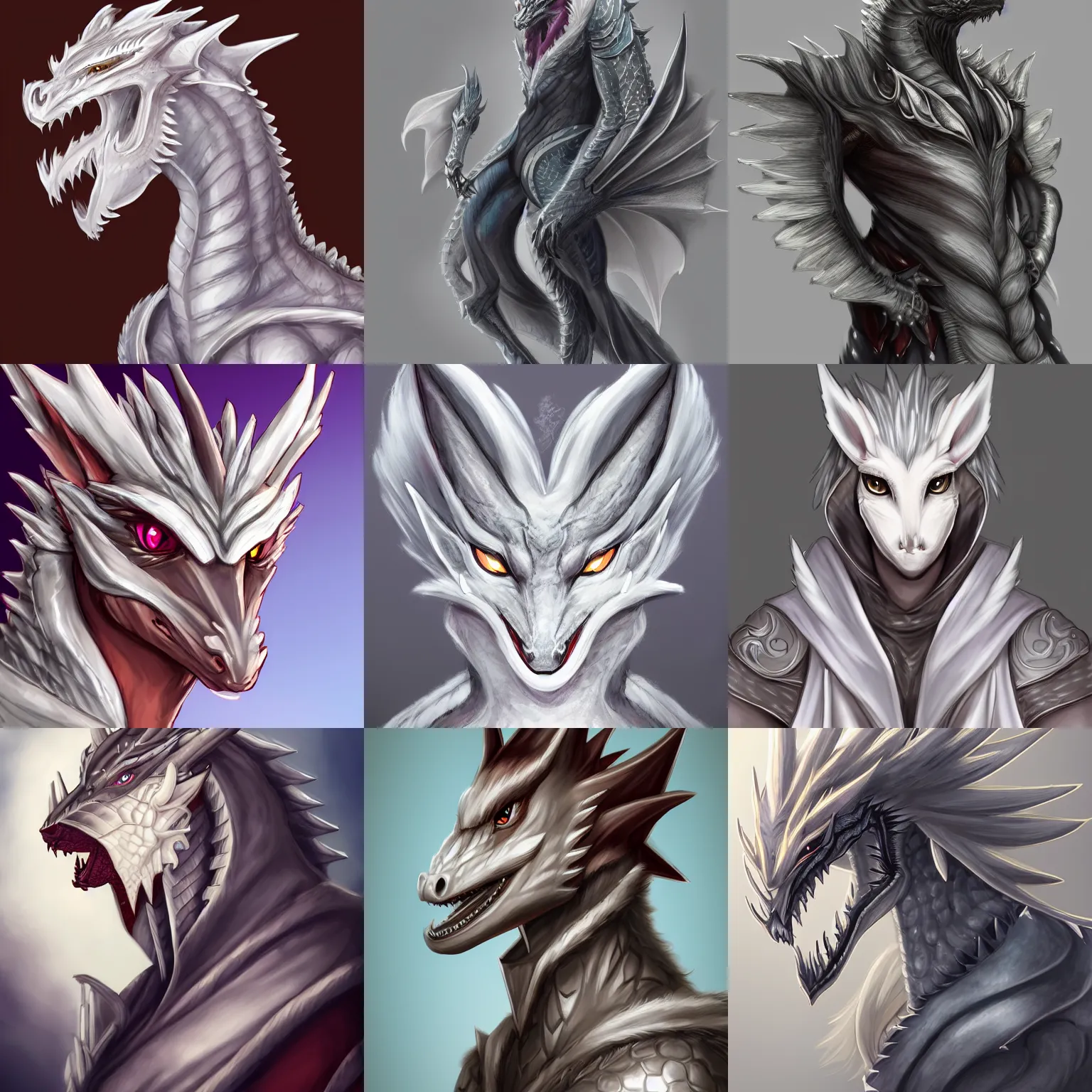 Prompt: very very beautiful half body side angle portrait of a handsome \♂ anthropomorphic silver dragon, soft delicate draconic features, cute eyes, eyelashes, wearing a luxurious silk cloak, commission on furaffinity, artstation, high quality digital art, warm colors