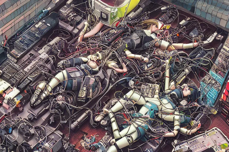 Image similar to a hyper-detailed cyberpunk illustration with a bunch of android females lying over an empty floor, with their broken bodies open and a mess of cables and wires coming out, by masamune shirow and katsuhiro otomo