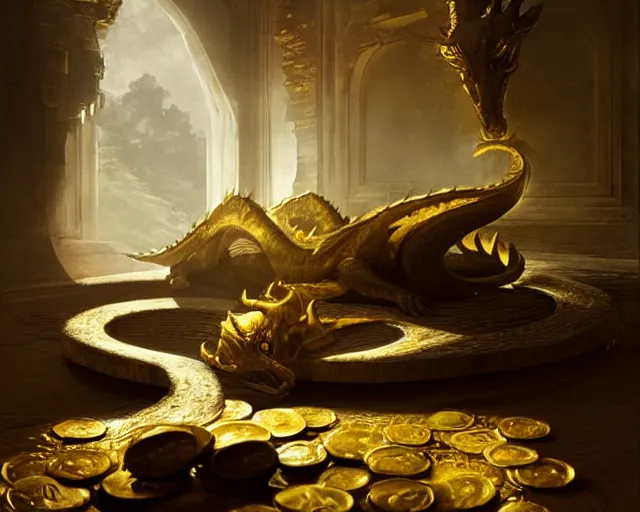 Image similar to dragon sleeping in a room filled with gold coin, gold, treasure. glistening, volumetric light, by greg rutkowski