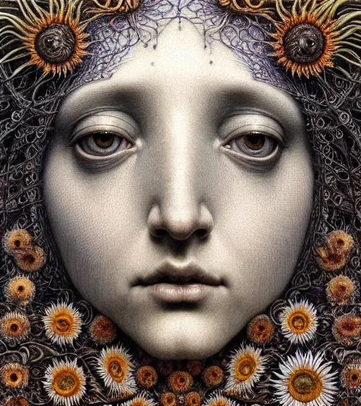 Prompt: detailed realistic beautiful sunflower goddess face portrait by jean delville, gustave dore, iris van herpen and marco mazzoni, art forms of nature by ernst haeckel, art nouveau, symbolist, visionary, gothic, neo - gothic, pre - raphaelite, fractal lace, intricate alien botanicals, ai biodiversity, surreality, hyperdetailed ultrasharp octane render