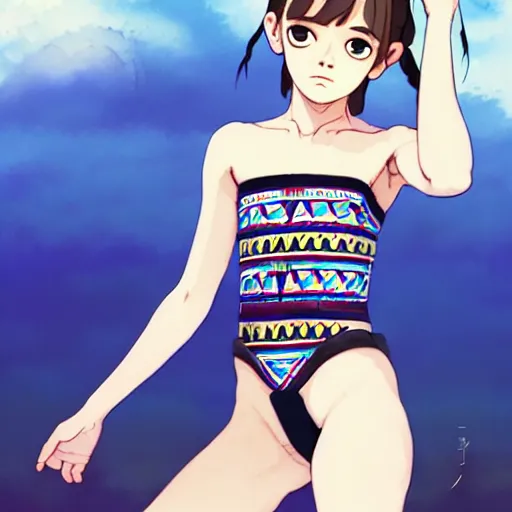 Image similar to a beautiful boyish emma watson alluring instagram model, wearing japanese hiphop aztec leotard outfit with mayan pattern and native style, aztec street fashion bathing suit, botw style, gapmoe yandere grimdark, trending on pixiv fanbox, painted by greg rutkowski makoto shinkai takashi takeuchi studio ghibli, akihiko yoshida