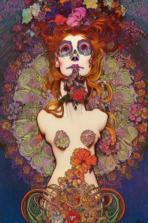 Prompt: realistic detailed psychedelic poster art of a cute Día de los Muertos girl by Victor Moscoso Rick Griffin Alphonse Mucha Ayami Kojima Amano Charlie Bowater, masterpiece