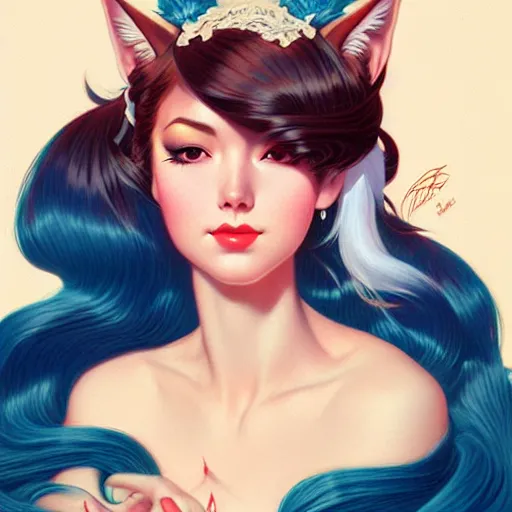 Image similar to head and shoulders portrait of Ahri of League of Legends illustration, medium shot, intricate, elegant, highly detailed, digital art, ffffound, art by gil elvgren and sachin teng