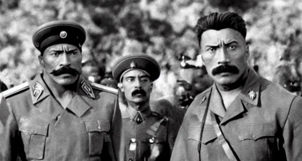 Image similar to dwayne johnson as joseph stalin, black and white photo, award winning