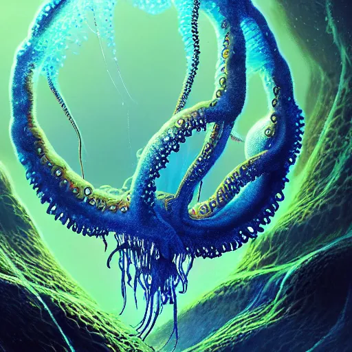 Image similar to photorealistic beautiful and intricate alien jellyfish planet in the style of michael whelan and greg rutkowski. hyperdetailed photorealism, 1 0 8 megapixels, octopus palace, amazing depth, glowing rich colors, powerful imagery, psychedelic overtones, 3 d finalrender, 3 d shading, cinematic lighting, artstation concept art