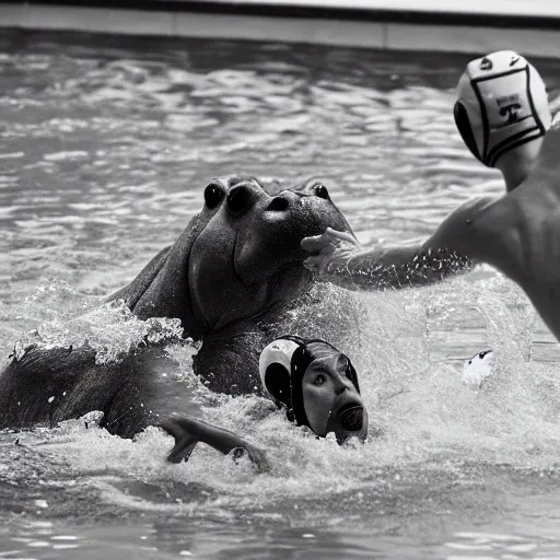 Prompt: hippopotamuses playing water polo against people. water polo photograph.
