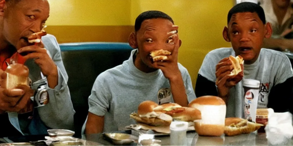 Image similar to e. t will smith sitting in a mc donald ’ s restaurant with an angry expression because he got the wrong hamburger.