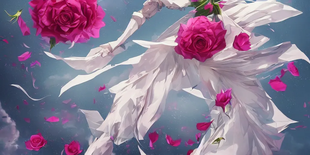 Image similar to floating flying longswords slicing through a bouquet of white and pink roses, flowers exploding and spraying, big puffy clouds, sharp rain, large rose petals, lotus petals, large polygonal background elements, large polygons, dramatic anime, dramatic lighting, artgerm, manga, trending on artstation, art nouveau, mature colors