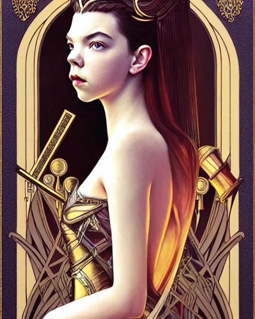 Prompt: twenty year old anya taylor - joy ( queen's gambit ) as a chess queen, art nouveau, fantasy, intricate, elegant, highly detailed, sharp focus, art by artgerm and greg rutkowski and wlop