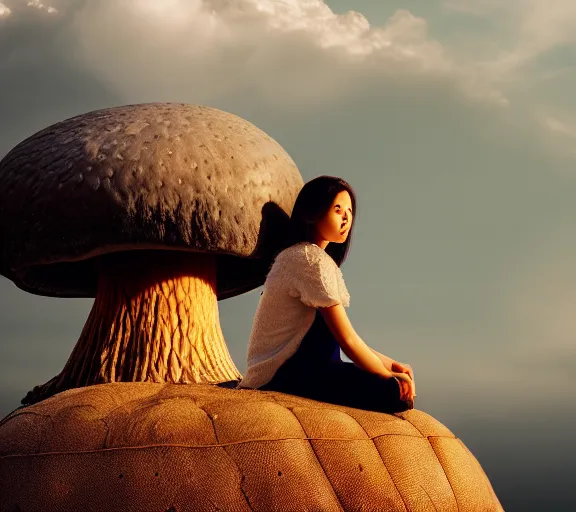 Image similar to a portrait of a female warrior sitting on a giant mushroom that covers a whole town and reaches above the clouds. intricate. lifelike. soft light. sony a 7 r iv 5 5 mm. cinematic post - processing