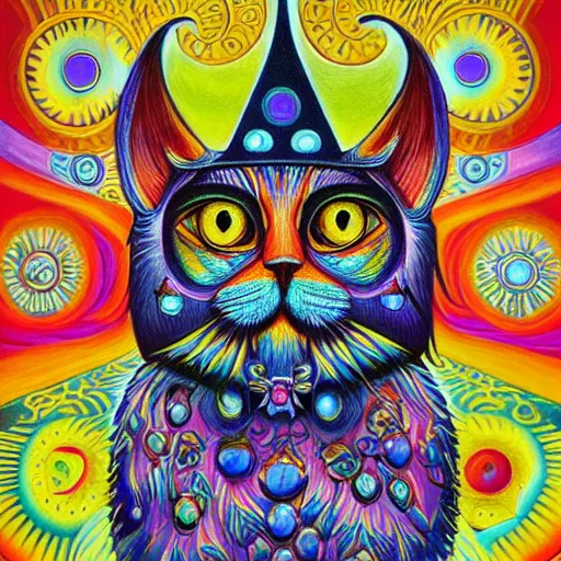 Prompt: portrait of a wizard by louis wain, psychadelic art, bright colours, geometric, intricate, highly detailed, fantasy art, trending on artstation