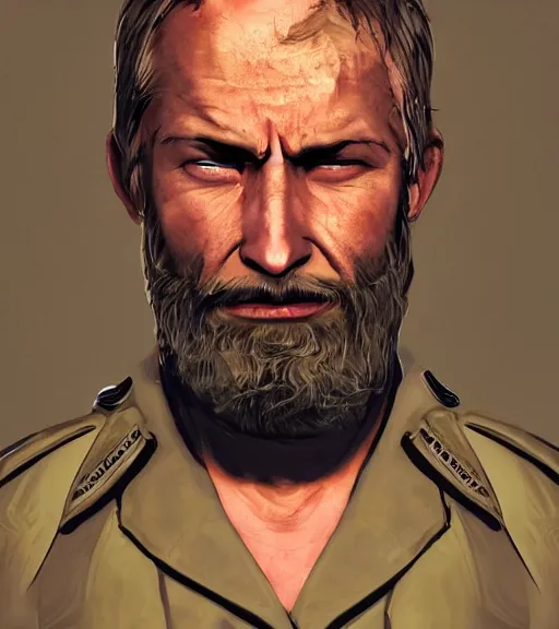 Image similar to portrait of muscular, tired and alcoholic 3 0 - year - ol 5 grieving man with short darkblonde hair, serious sad look in his eyes, looking down, dirty beard, blue eyes, crying tears, wearing dirty soldier uniform, on the desert, sad atmosphere, hyper realistic face, character art, art by mark brooks, cryengine, trending on artstation, digital art