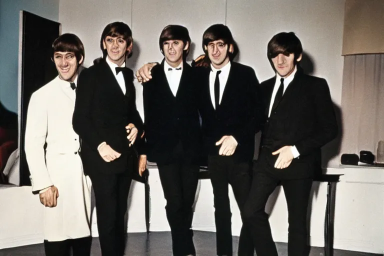 Prompt: james bond and the beatles, color photograph, 1 9 6 0 s