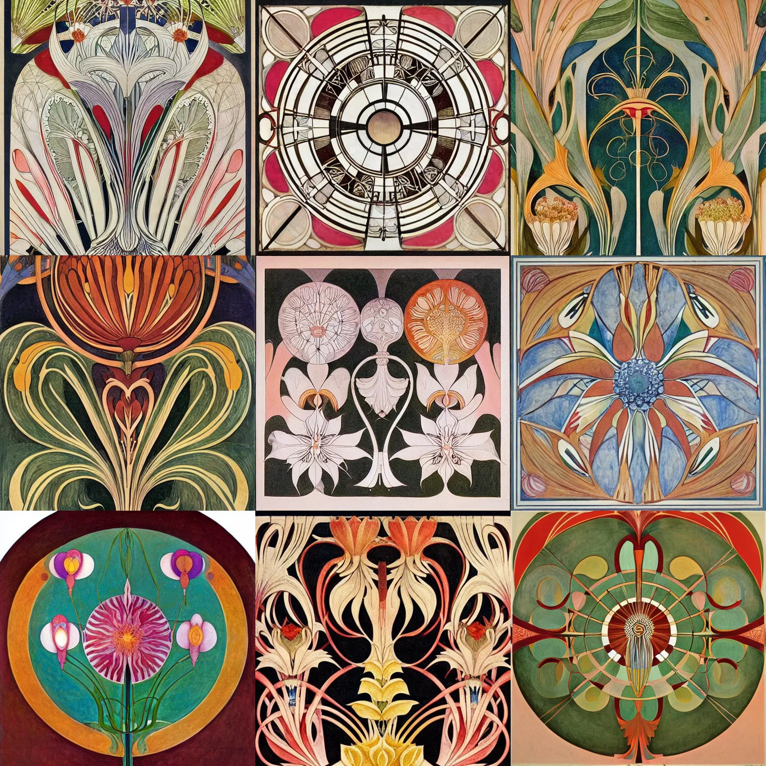 Prompt: flower ( ( art deco ) ) ( ( art nouveau ) ), intricate detail, by ( hilma af klint ) and escher and ( botticelli ) and frank lloyd wright