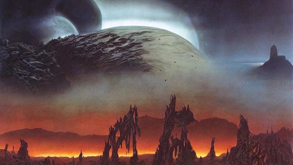 Image similar to eerie atmospheric alien planet empire by jack gaughan and bob eggleton and chris moore, epic cinematic matte painting