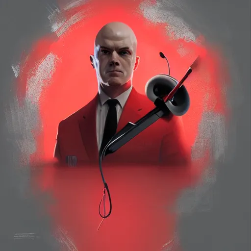 Image similar to a portrait pf agent 4 7 from hitman wearing headphones, red background, rim light, highly detailed, digital art, artstation, concept art, smooth, sharp focus, greg rutkowski, wlop